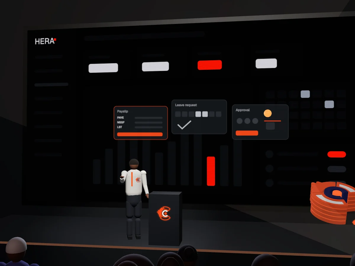 The top layer of the Core opens into an HR dashboard with payslip, leave and approval cards around it.